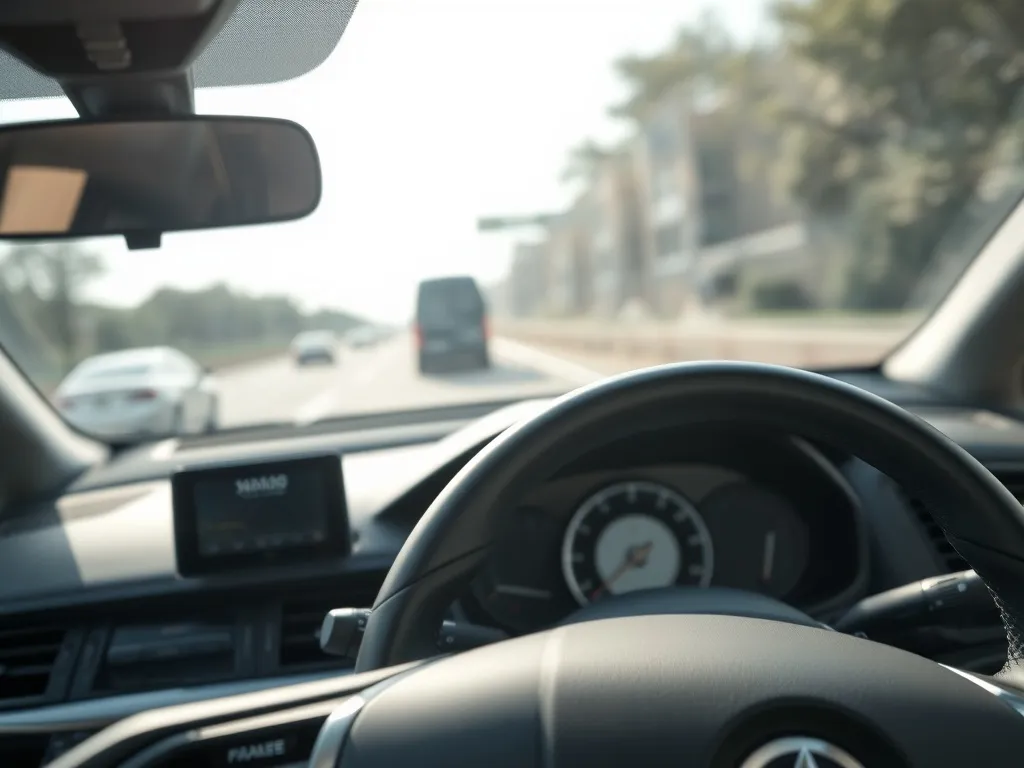 Wnętrze nowoczesnego auta z widocznym modułem EDR przy konsoli środkowej, na tle drogi i ruchu ulicznego.