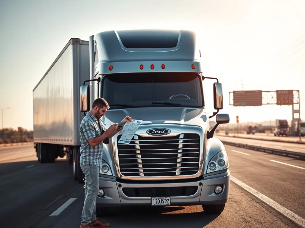 Kierowca ciężarówki na parkingu analizuje mapę i nawigację w telefonie, podkreślając znaczenie angielskiego w trasie.
