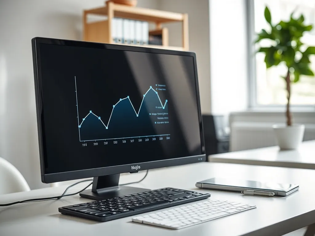Nowoczesne stanowisko pracy z wykresem liniowym i ikonami bazy danych na ekranie, podkreślające analizę danych BDF.