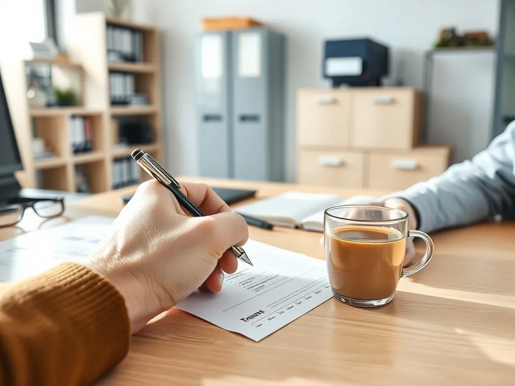 Kierowca w biurze transportowym wypełnia papierowy formularz urlopówki obok karty tachografu i akcesoriów biurowych.
