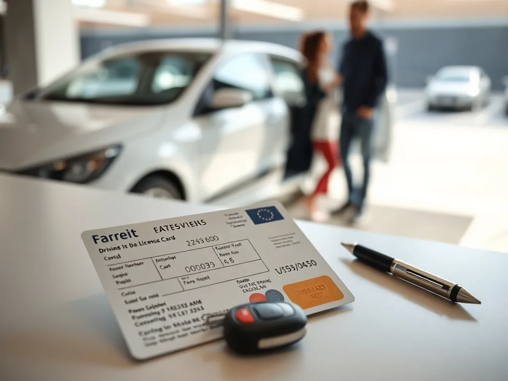 Prawo jazdy na biurku obok kluczyków, w tle instruktor z kursantem przy aucie szkoleniowym omawiający szkolenie zawodowe.