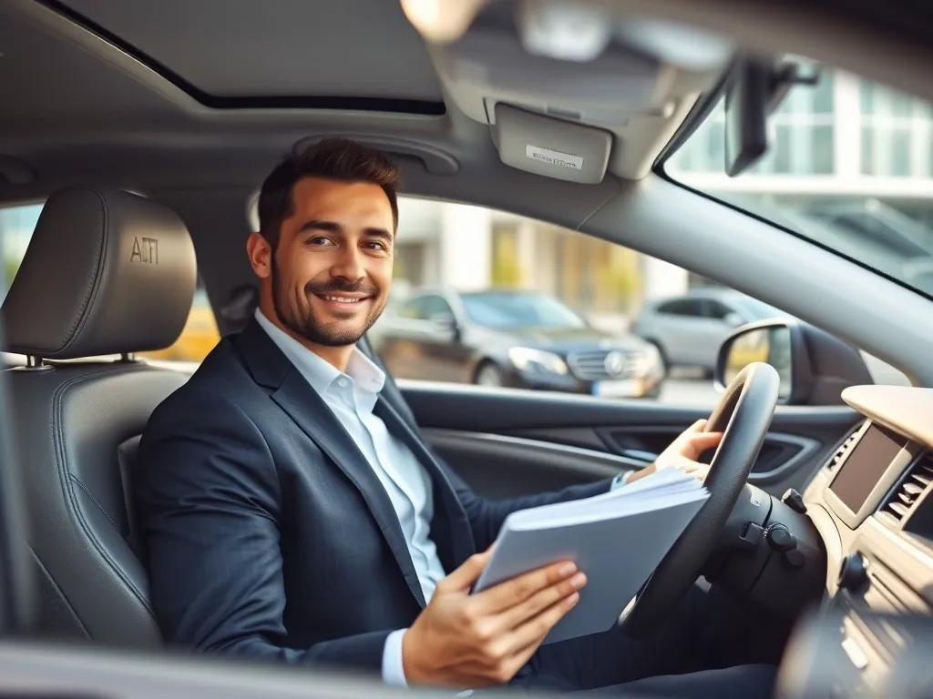 Elegancko ubrany kierowca pewnie siedzi za kierownicą z teczką dokumentów, gotowy na rozmowę kwalifikacyjną.