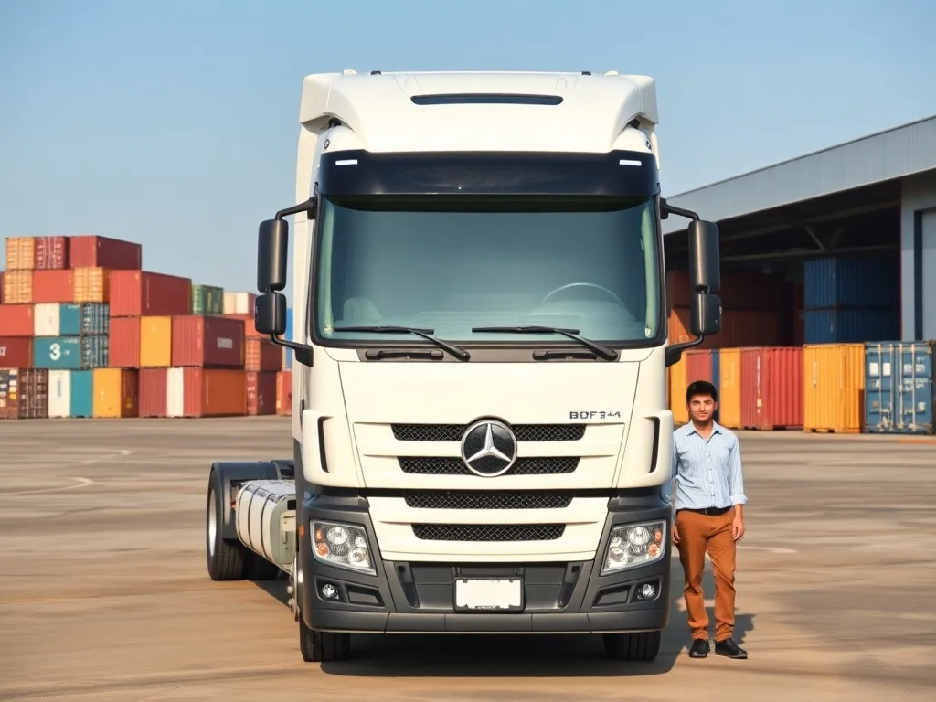 Kierowca stojący przy nowoczesnej ciężarówce BDF na terminalu logistycznym, tło z kontenerami i magazynem