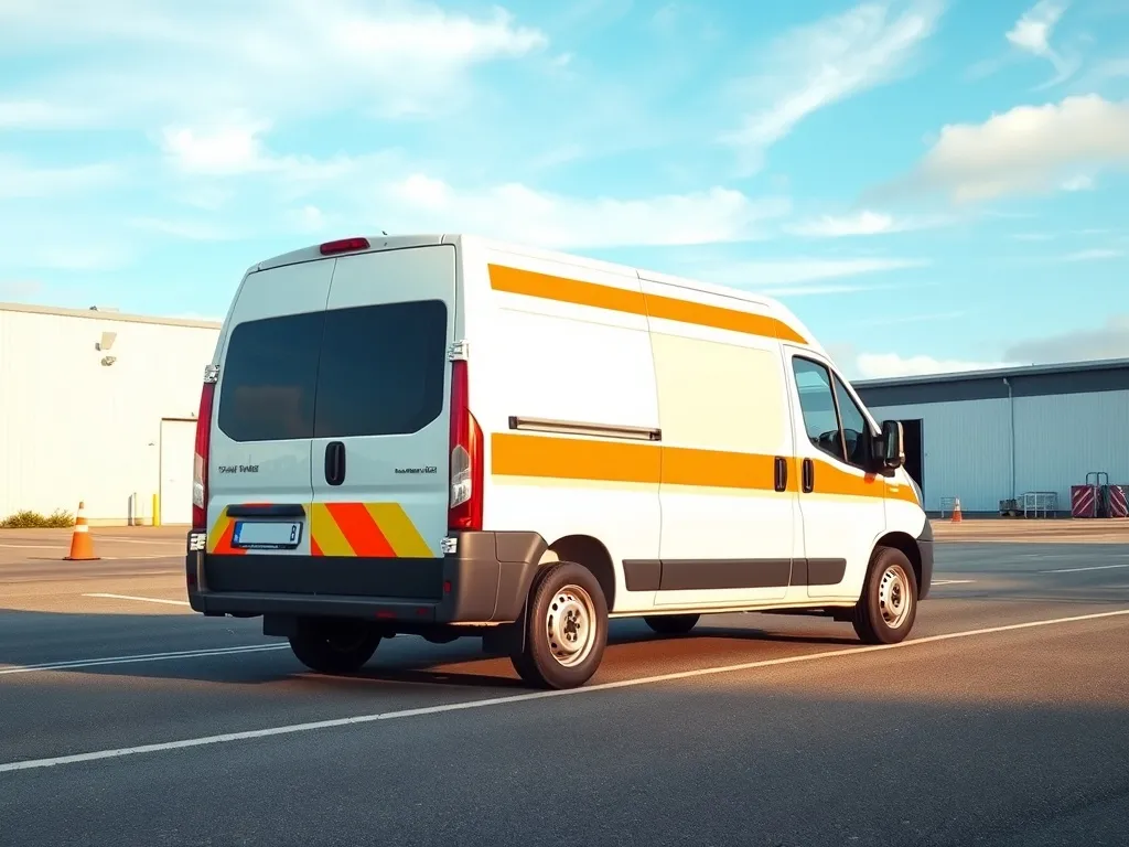 Biały pojazd specjalny z pomarańczowymi pasami odblaskowymi zaparkowany przy magazynie, podkreślający wymagania dla takich aut.