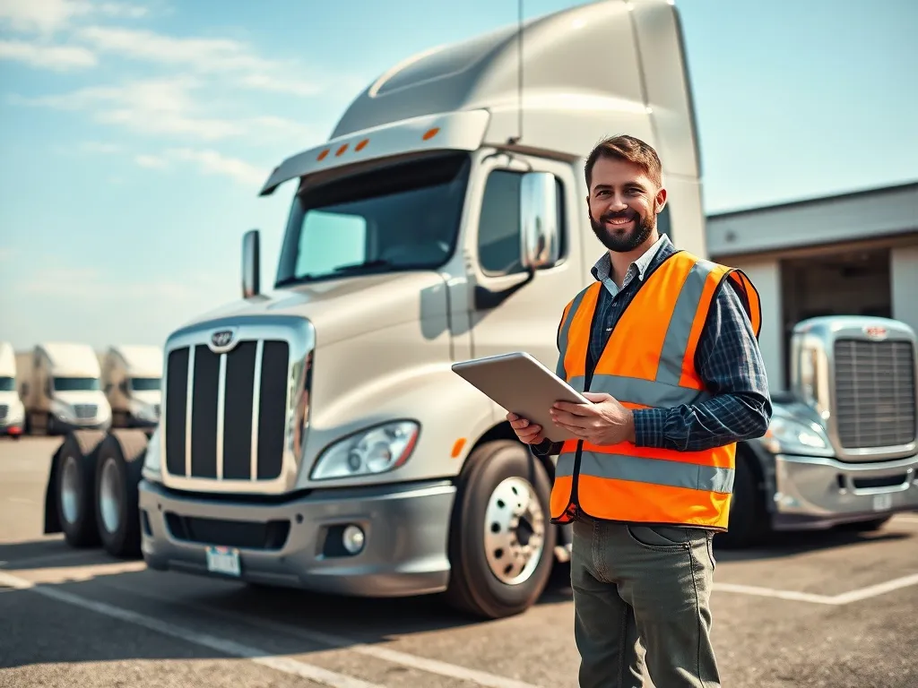 Kierowca ciężarówki w odblaskowej kamizelce przy nowoczesnym tirze, symbol zawodowych perspektyw w logistyce.