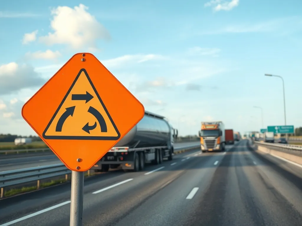 Ciężarówki przewożące towary niebezpieczne na autostradzie obok pomarańczowego znaku ostrzegawczego ADR