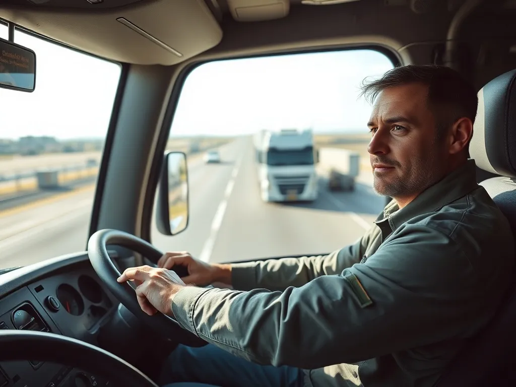 Kierowca ciężarówki w kabinie na autostradzie, skupiony na jeździe, symbolizuje realia pracy kierowcy zawodowego