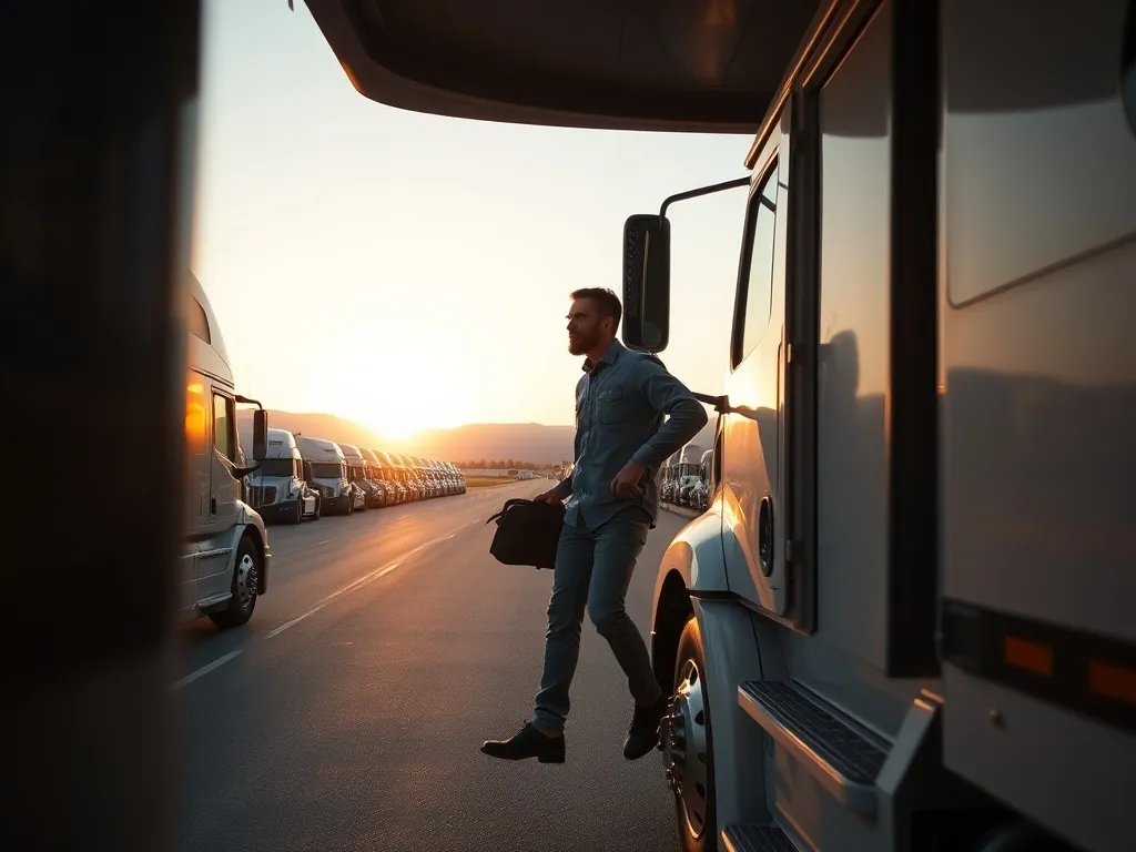 Kierowca ciężarówki wysiada z kabiny na parkingu przy autostradzie o świcie, gotowy do kolejnego kursu.