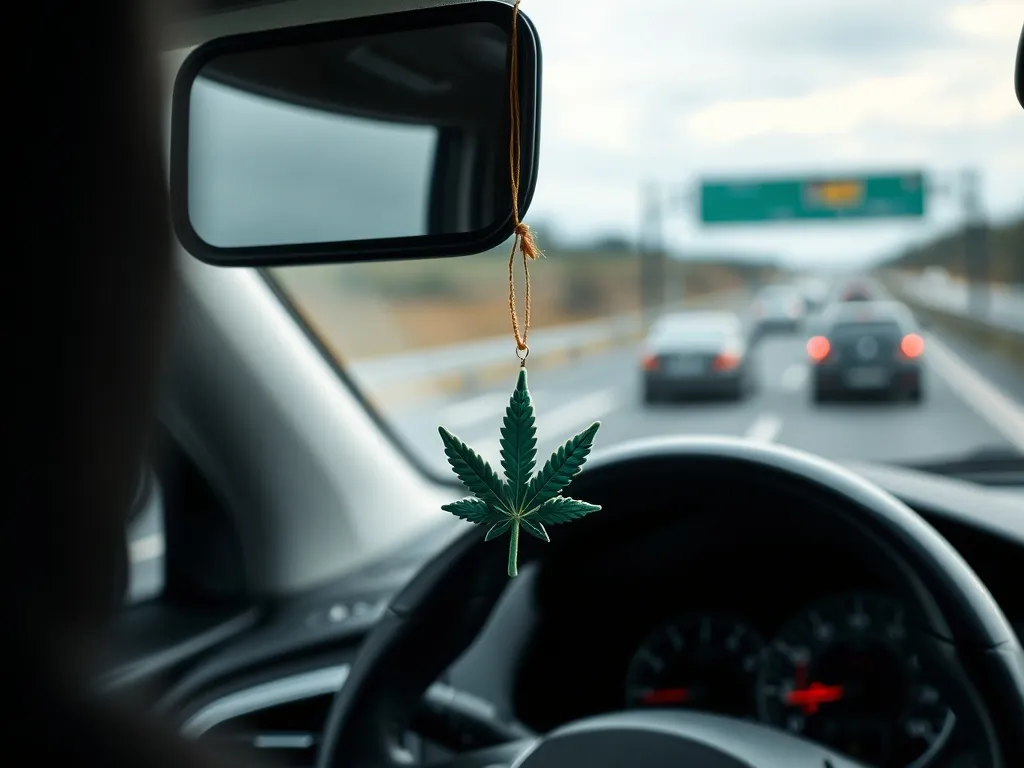 Kierownica auta na niemieckiej autostradzie z zawieszką w kształcie liścia konopi, nawiązanie do limitu THC dla kierowców