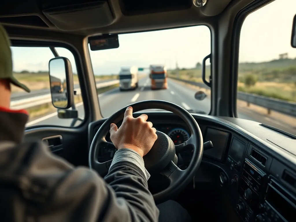 Kierowca ciężarówki prowadzi nowoczesną kabinę, nawigacja GPS i widoczna przed nim autostrada w dziennym świetle