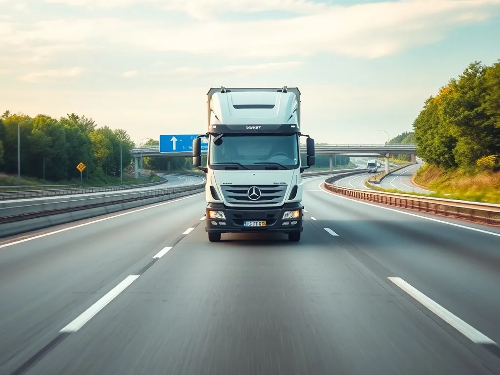 Nowoczesna ciężarówka jedzie niemiecką autostradą, ilustrując zasady i stawki opłat drogowych dla pojazdów ciężkich.