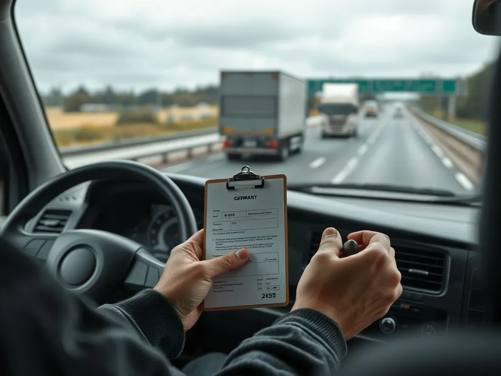 Kierowca ciężarówki trzyma niemiecki mandat drogowy na tle autostrady, podkreślając konsekwencje naruszeń przepisów.