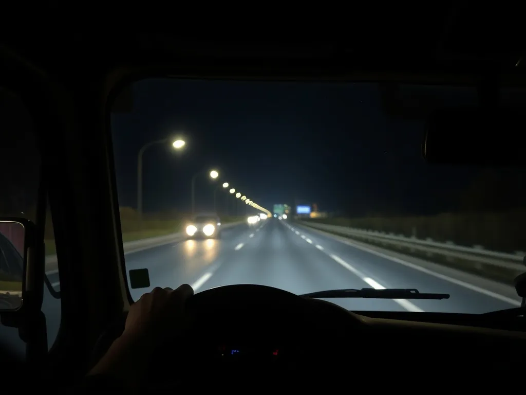 Kierowca ciężarówki prowadzi nocą po autostradzie, oświetlony deską rozdzielczą, skupiony na drodze w ciemności