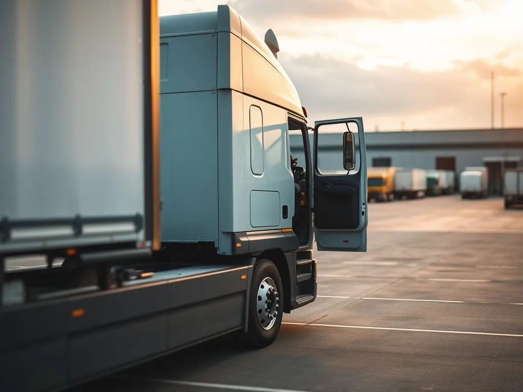 Nowoczesna ciężarówka na pustym parkingu logistycznym, nawiązująca do niedoboru kierowców zawodowych w Polsce.
