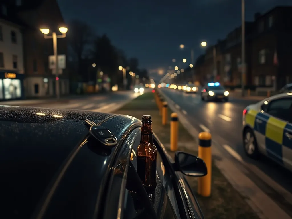 Nocna ulica w Niemczech, auto z kluczykami na dachu i pustą butelką piwa, w tle radiowóz policji sugerujący kontrolę