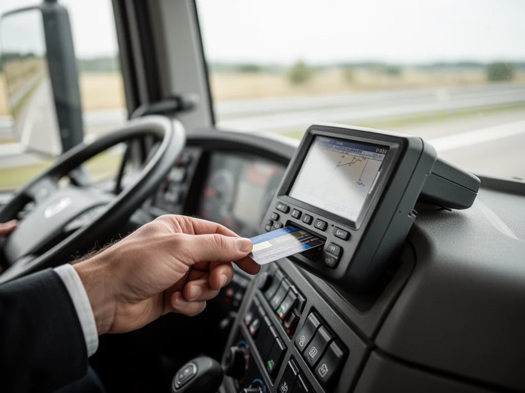 Kierowca ciężarówki wkłada kartę do cyfrowego tachografu na nowoczesnej desce rozdzielczej podczas jazdy po autostradzie.