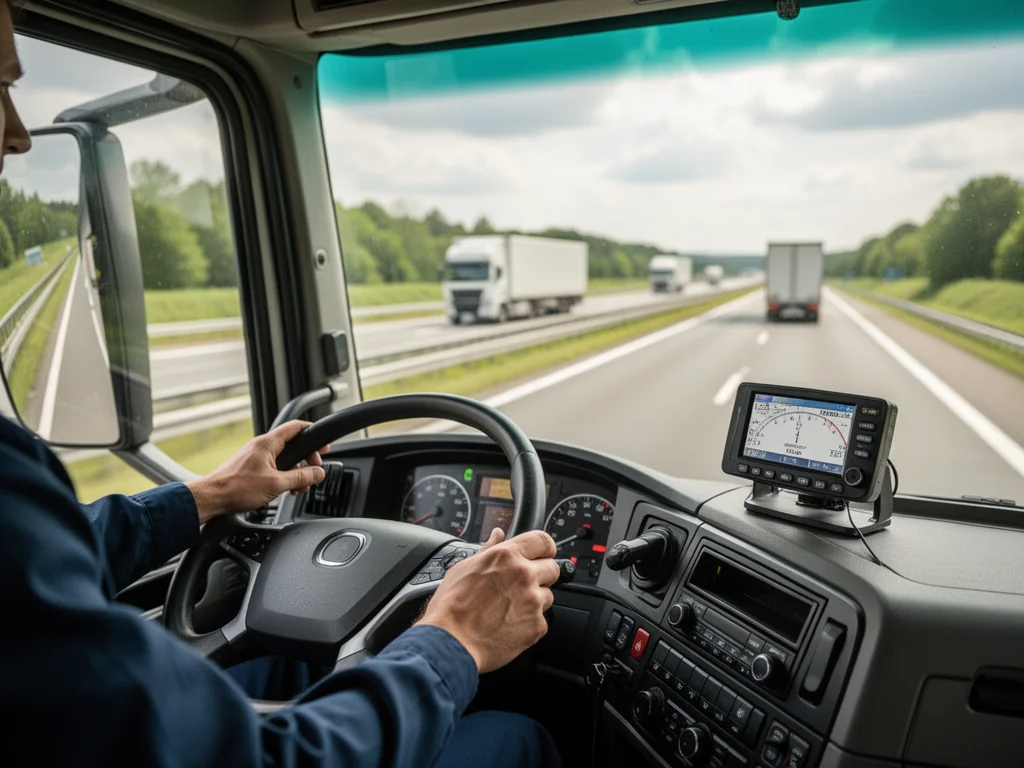 Kierowca ciężarówki prowadzi pojazd po niemieckiej autostradzie, na pierwszym planie cyfrowy tachograf rejestrujący czas pracy.