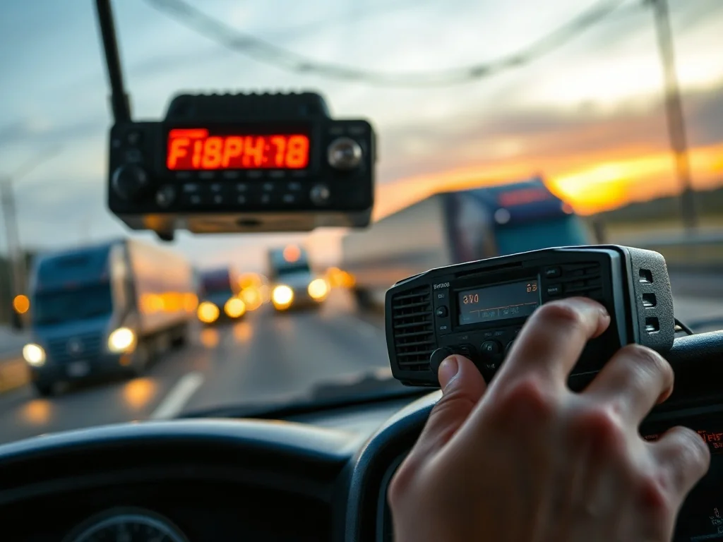 Nowoczesne radio CB w kabinie ciężarówki, kierowca zmienia kanał podczas jazdy po autostradzie o zachodzie słońca.