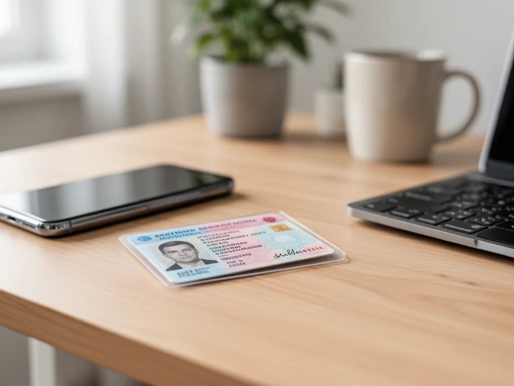 Polskie plastikowe prawo jazdy na biurku obok smartfona i laptopa, symboliczne sprawdzanie numeru i daty wydania dokumentu