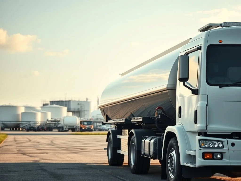 Nowoczesna cysterna na tle zakładu chemiczno-paliwowego, ilustrująca transport różnych rodzajów ładunków ciekłych.