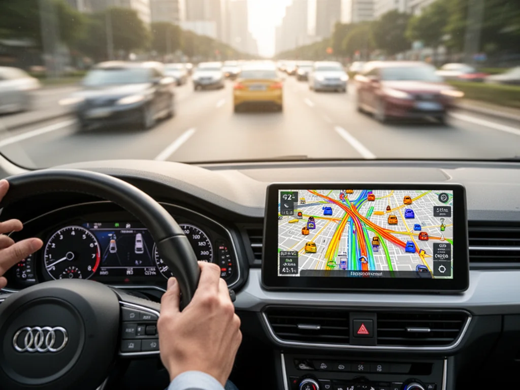 Kierowca korzysta z nawigacji GPS pokazującej trasę i płynący ruch, ilustrując działanie systemu omijania korków.