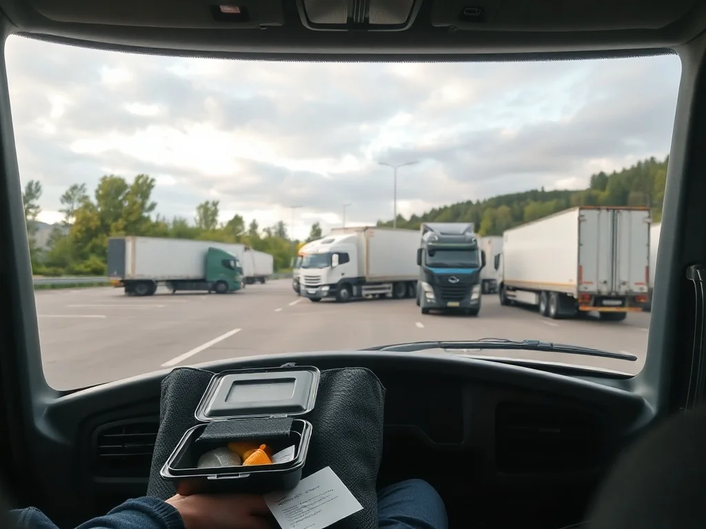 Zaparkowana ciężarówka na niemieckim parkingu, w kabinie prosty lunch, woda i paragon symbolizujące diety kierowcy
