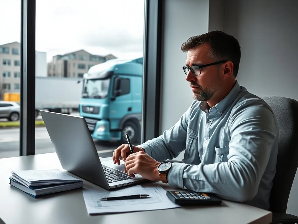 Kierowca ciężarówki przy biurku analizuje dokumenty i koszty, patrząc w laptop, w tle zaparkowana ciężarówka w Niemczech.