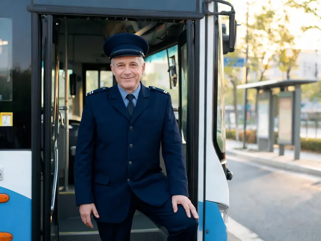 Doświadczony kierowca autobusu w średnim wieku przy pojeździe, ilustrujący temat wcześniejszej emerytury w tym zawodzie.