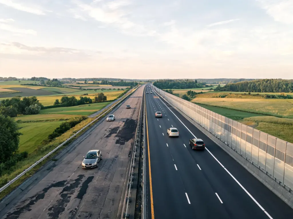 Porównanie dwóch odcinków autostrady: starsza, łataną nawierzchnia po lewej i nowoczesna, gładka droga po prawej.