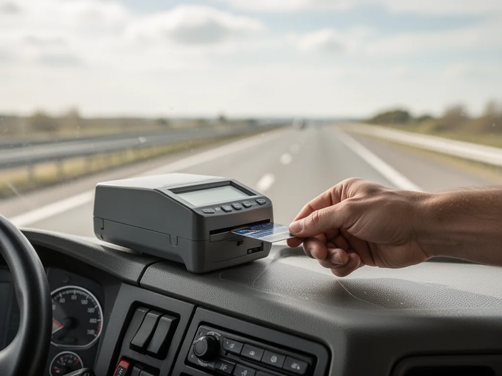 Kierowca wkłada kartę do cyfrowego tachografu w kabinie ciężarówki, w tle widoczna spokojna trasa na autostradzie.