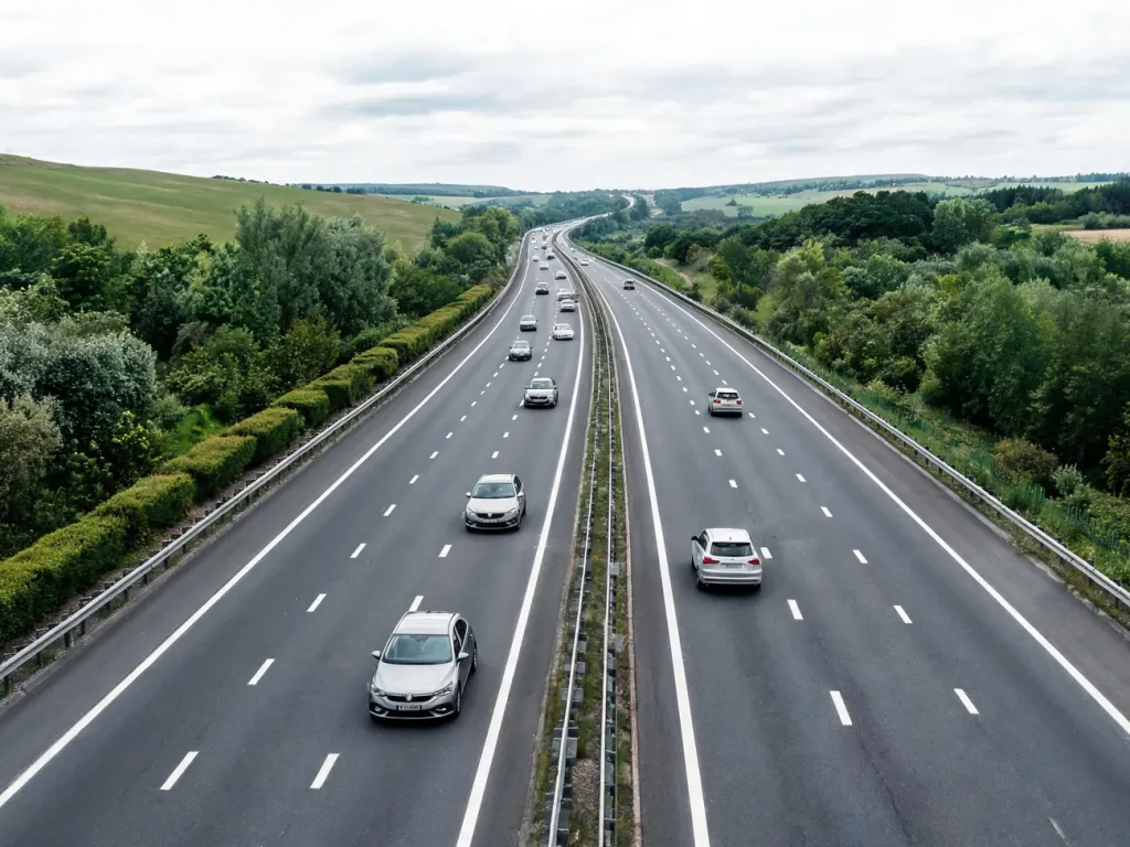 Niemiecka autostrada za dnia, płynny ruch bez wypadków, podkreślenie kwestii bezpieczeństwa kierowców