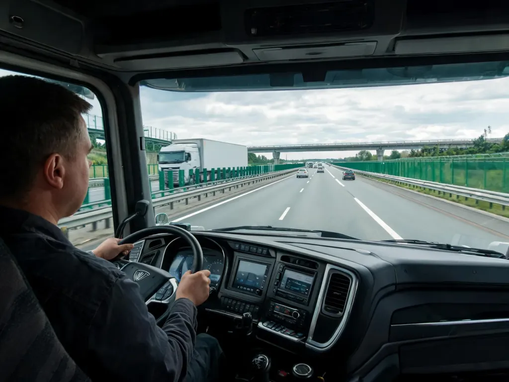 Kierowca ciężarówki prowadzi pojazd niemiecką autostradą, na tle ruchu drogowego i barier ochronnych, skupiony na jeździe.