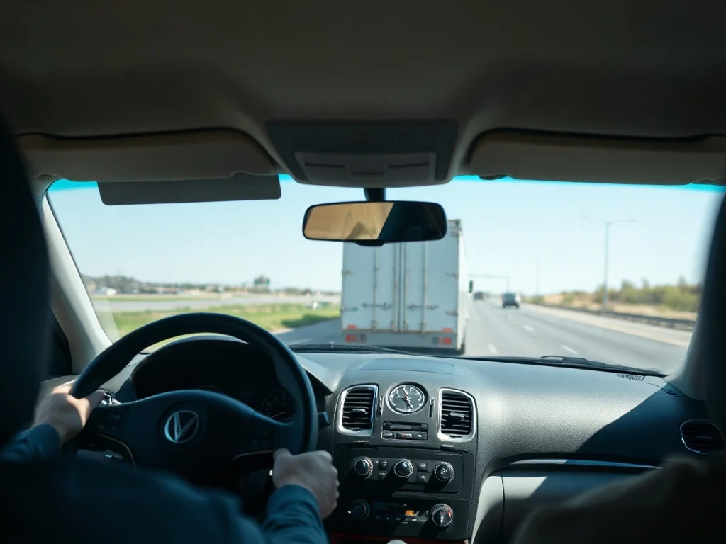 Widok z wnętrza samochodu na holowaną przyczepę, która ogranicza pole widzenia kierowcy na autostradzie.