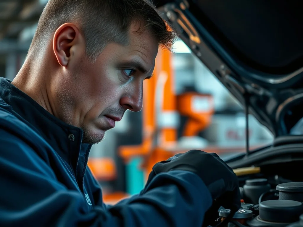 Mechanik dokonujący przeglądu układu rozrządu w silniku Ford 1.0 EcoBoost w profesjonalnym warsztacie.