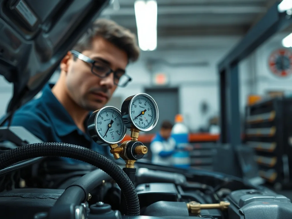 Mechanik sprawdza układ klimatyzacji samochodowej przy użyciu profesjonalnych manometrów w nowoczesnym warsztacie.