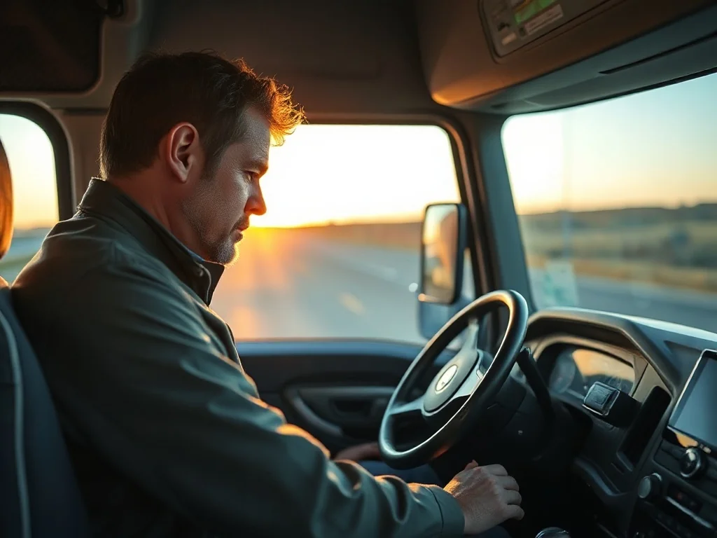 Kierowca ciężarówki korzystający z nowoczesnej nawigacji cyfrowej na desce rozdzielczej podczas jazdy autostradą.