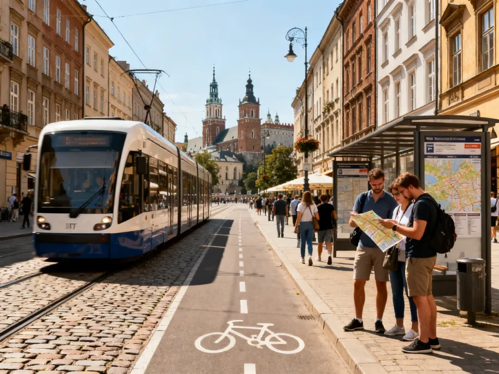 Turyści na przystanku sprawdzają mapę i rozkład, obok przejeżdża nowoczesny tramwaj na ulicy w centrum Krakowa, no text on the picture
